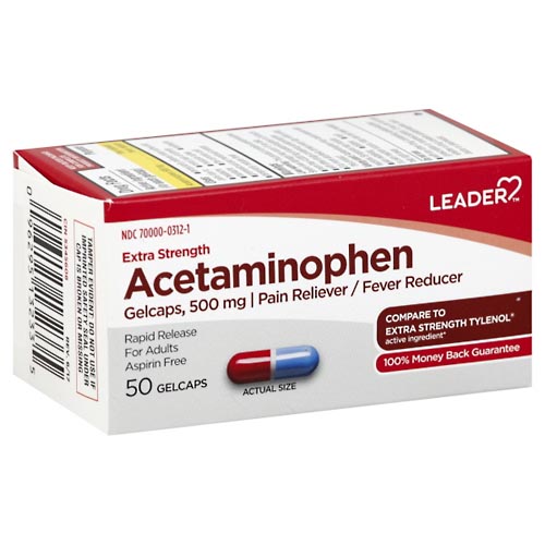 Image for Leader Acetaminophen, Extra Strength, 500 mg, Gelcaps,50ea from Hartzell's Pharmacy