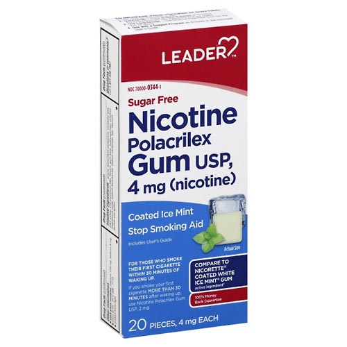Image for Leader Nicotine Polacrilex Gum, 4 mg, Coated Ice Mint,20ea from Hartzell's Pharmacy