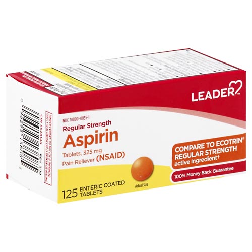 Image for Leader Aspirin, Regular Strength, 325 mg, Enteric Coated Tablets,125ea from Hartzell's Pharmacy