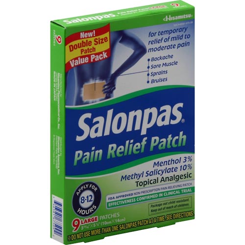 Image for Salonpas Pain Relief Patch, Minty Scent, Double Size, Value Pack,9ea from Hartzell's Pharmacy